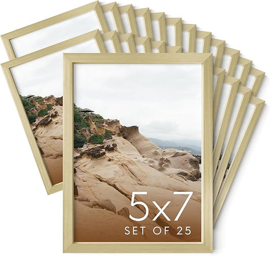 HAUS AND HUES 5x7 Gold Metal Picture Frames - 5X7 Frames Bulk - Features Premium Aluminum, Vertical Hanging, Easel Back for Tabletop, Home, Office (5x7 in, Gold, Set of 25)