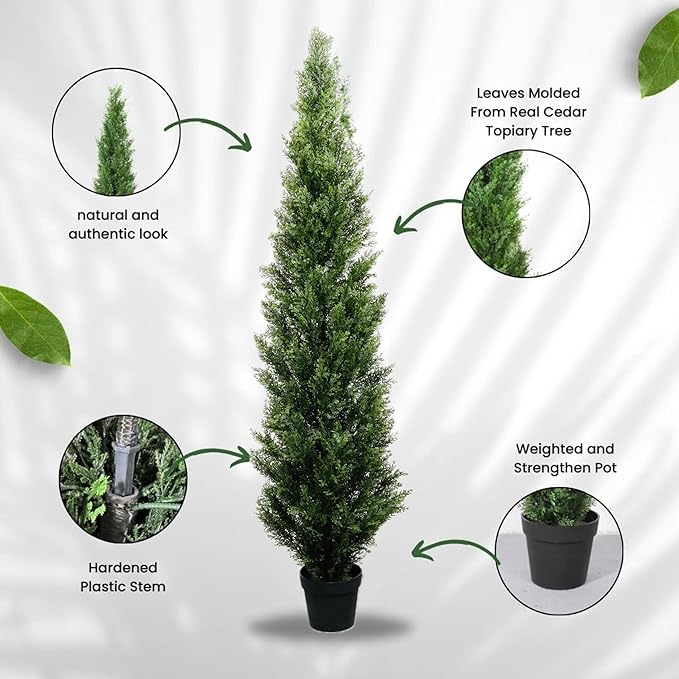 6 Feet Pre-Potted Evergreen Outdoor Artificial Cedar Tree Privacy Screen for Front Porch Decor, Outdoor Entryway Decor Fake Tree, Tall Faux Tree with UV Resistant Coating (1 Pack)