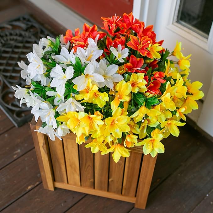 Artificial Fall Flowers for Outdoors, 3 Bundles Fake Azalea Bouquet Faux Flower Plants Outside Decor UV Resistant Realistic Silk Flowers for Planter Porch Front Door Patio Garden Walkways Home, Mix