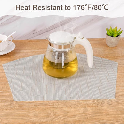 SHACOS Placemats for Round Table Set of 4 Wedge Shaped Placemats Heat Resistant Woven Vinyl PVC Table Mats Wipeable (4, Beige)