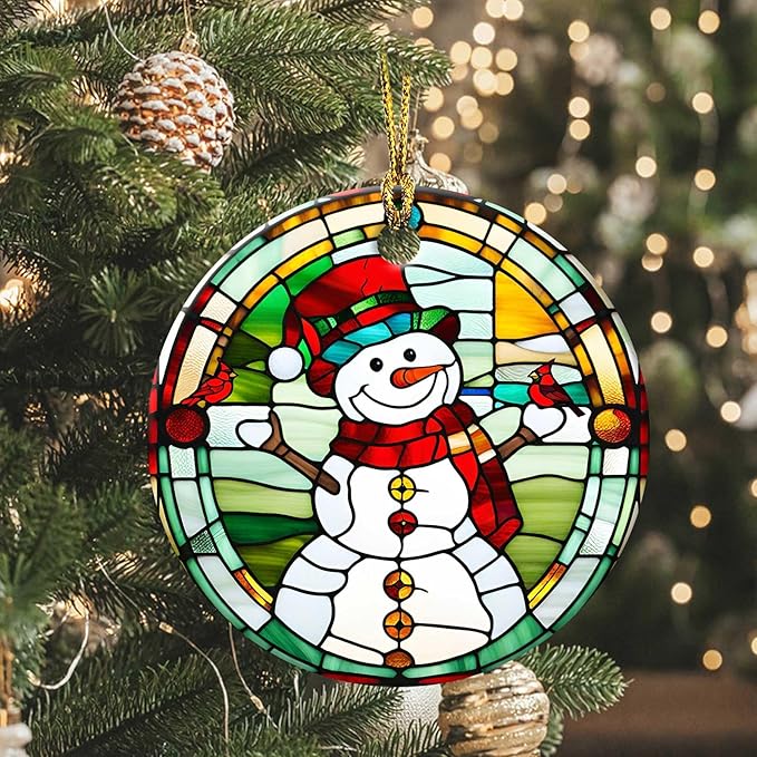 Snowman Cardinal Ornament Round Ceramic Colorful Glass Style Ornament Xmas Keepsake for Christmas Tree Winter Holiday Xmas Gift for Women Men Xmas Hanging Ornament 3"