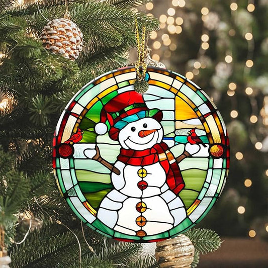 Snowman Cardinal Ornament Round Ceramic Colorful Glass Style Ornament Xmas Keepsake for Christmas Tree Winter Holiday Xmas Gift for Women Men Xmas Hanging Ornament 3"