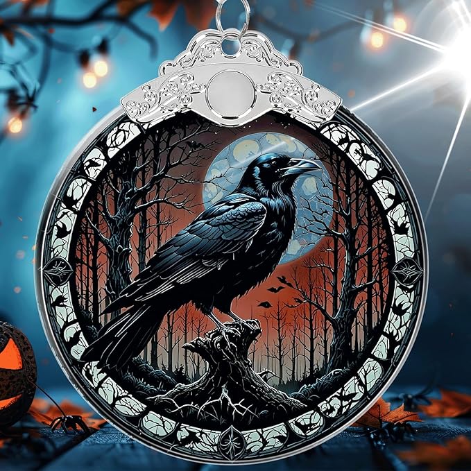 Crow Under Moonlight Halloween Christmas Tree Stained Glass Ornament - Hanging Ornaments for Christmas Tree Decorations - Holiday Keepsake Present Exchange Idea
