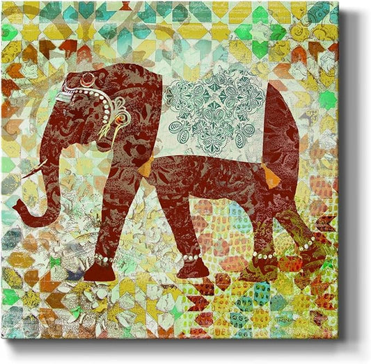 Cute Animals Artwork Abstract Colorful Painting Wall Art on Canvas, Bali Elephant Wall Art, Ready to Hang, 10'' x 10''