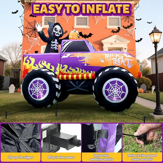 Halloween Inflatables Decorations, 8 Ft Long Outdoor Blow Up Monster Skeleton Truck Car Shape with Inflate Scary Skull Spider Web Wheels Trick or Treat Build-in LEDs for Garden Yard Lawn Party Decors