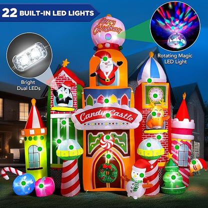 13.5 FT Tall Candy Castle Christmas Inflatables Outdoor Decorations, Blow Up Christmas Decorations with Built-in Rotating Light for Garden Lawn Xmas Decor