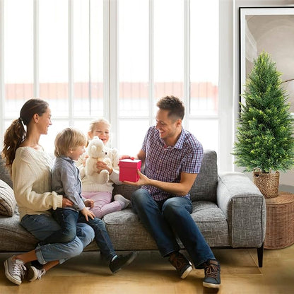 Set of 2 Artificial Cedar Topiary Trees, 3 FT Tall | UV-Resistant for Outdoor & Indoor Use | Lifelike Fake Plants for Front Porch, Patio & Office Decor