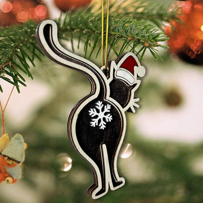 Black Cat Butt Christmas Ornament - Funny Cat Lover Holiday Decor - Wooden Kitten Tree Hanging Ornament with Snowflake Design - 2024 Xmas Ornament