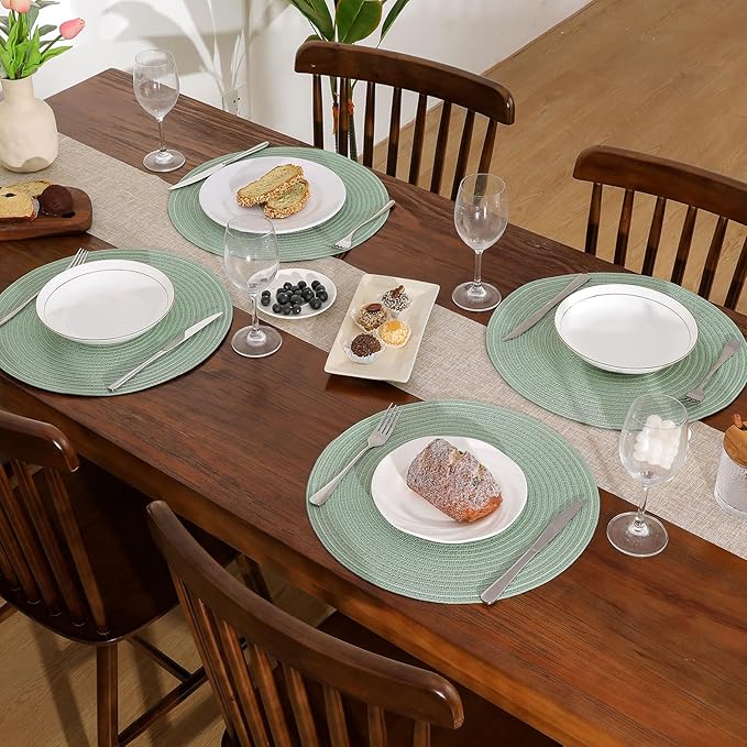 SHACOS Round Placemats Set of 6 Washable 15 inch Round Table Mats Cotton Polyester Woven Braided Place Mats for Dining Table, Sage Green
