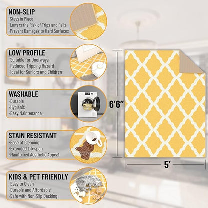 Machine Washable Moroccan Trellis Design Non-Slip Rubberback 5x7 Traditional Indoor Area Rug for Living Room, Bedroom, Dining Room, 5' x 6'6", Yellow