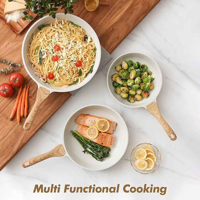 SENSARTE Nonstick Frying Pan Skillets, White Ceramic Coating Omelette Pans, Healthy Cookware Chef's Pan, PTFE & PFAS Free (8+9.5+11 Inch)