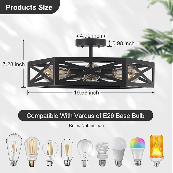 Farmhouse Flush Mount Ceiling Light Fixture,Modern Black Kitchen Lighting Fixtures Ceiling Industrial Farmhouse Light Fixtures for Hallway, Bedroom, Dining Room, Living Room 19.6 in