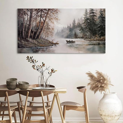 HGUAOA Mountain Canvas Wall Art Rustic Lake Landscape - Nature & Forest Scenery Paintings Pictures for Living Room & Bedroom Wall Decor Vintage Artwork for Walls