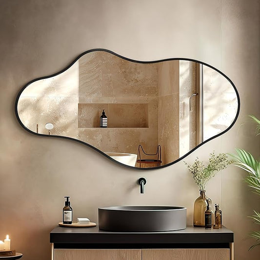 Irregular Wall Mirror - Wall Mirrors Decorative 20"x 36" Asymmetrical Abstract Mirror Aviation Aluminum Alloy Frame Unique for Bathroom, Bedroom, Living Room, Cloakroom, Entryway Black