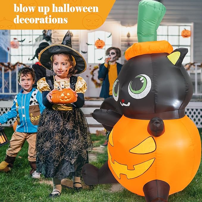 5FT Halloween Inflatable Pumpkin Cat, Lovely Black Cat with Build-in LED Lights, Blow up Halloween Inflatable Outdoor Indoor Decorations Large Party Yard Decoration (Black Cat in Pumpkin)