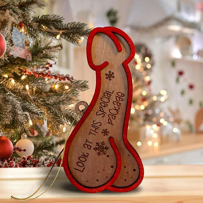 Look at This Special Package Novelty Christmas Ornament - Fun and Quirky Wooden Penis-Shaped Holiday Decoration (Brown Special Package)