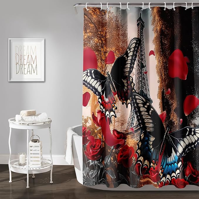 AILONEN Butterfly Shower Curtain for Bathroom,Romantic Red Rose Flower Butterfly Bath Curtain 72" W*84" H,Retro Eiffel Tower Decoration Waterproof Bathroom Curtain with 12 Plastic Hooks