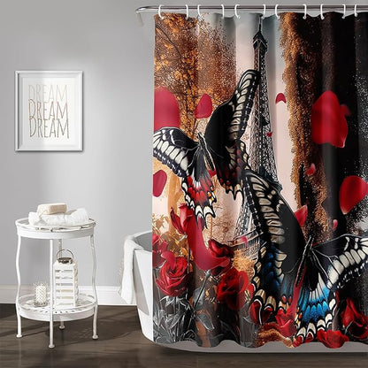 AILONEN Butterfly Shower Curtain for Bathroom,Romantic Red Rose Flower Butterfly Bath Curtain 72" W*84" H,Retro Eiffel Tower Decoration Waterproof Bathroom Curtain with 12 Plastic Hooks