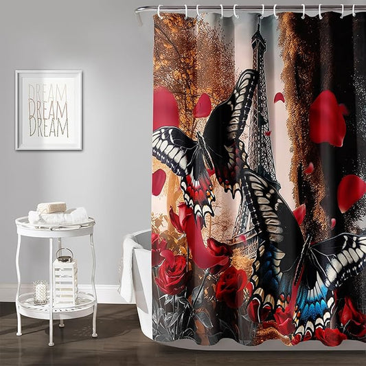 AILONEN Butterfly Shower Curtain for Bathroom,Romantic Red Rose Flower Butterfly Bath Curtain 72" W*84" H,Retro Eiffel Tower Decoration Waterproof Bathroom Curtain with 12 Plastic Hooks