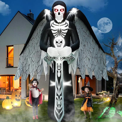 12FT Halloween Inflatables with LED Light, Kalolary Giant Winged Grim Reaper Inflatable Scary Halloween Outdoor Blow Up Decoration Halloween Yard Inflatable for Garden Lawn Home Holiday Party Supplies