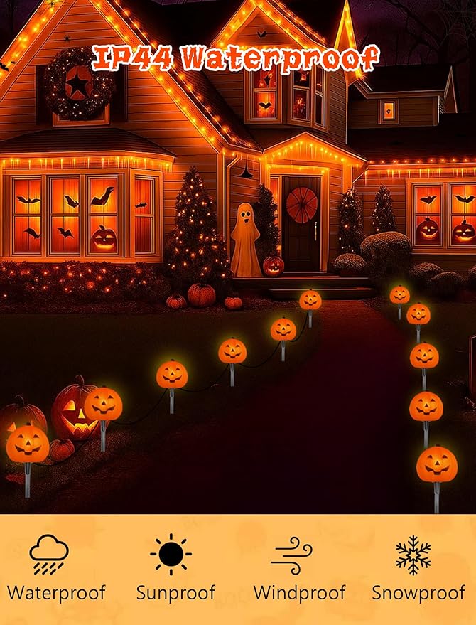 Halloween Pumpkin Pathway Lights, 4PCS 3D Pumpkin Light with Stake, C7 Outdoor Connectable Pumpkin Shaped Pathway String Lights for Patio Yard Lawn Walkway Halloween Party Decor, Black Wire