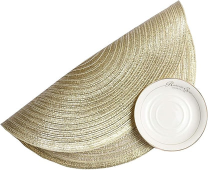 SHACOS Golden Glitter Round Braided Placemats Set of 6 Bling Circle Place Mats Washable Table Mats for Holiday Party Wedding Shower (6, Gold)