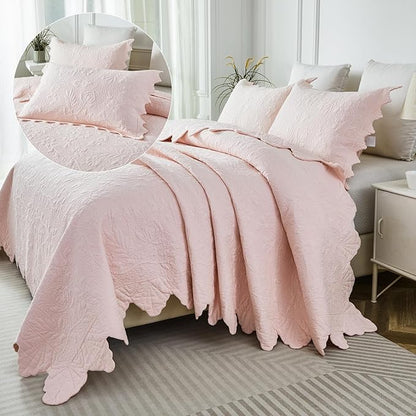 Brandream Queen Size Quilt Set Cotton Light Pink Quilts Farmhouse Bedding Set Matelasse Coverlet Set Scalloped Edge Quilts 3-Piece