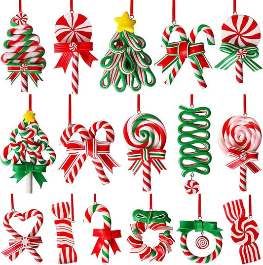 16 PCS Candy Cane Ornaments for Christmas Tree,Polymer Clay Candy Cane Christmas Decorations,Lollipop Ornaments for Xmas Tree Party Hanging Decor Holiday Decorations