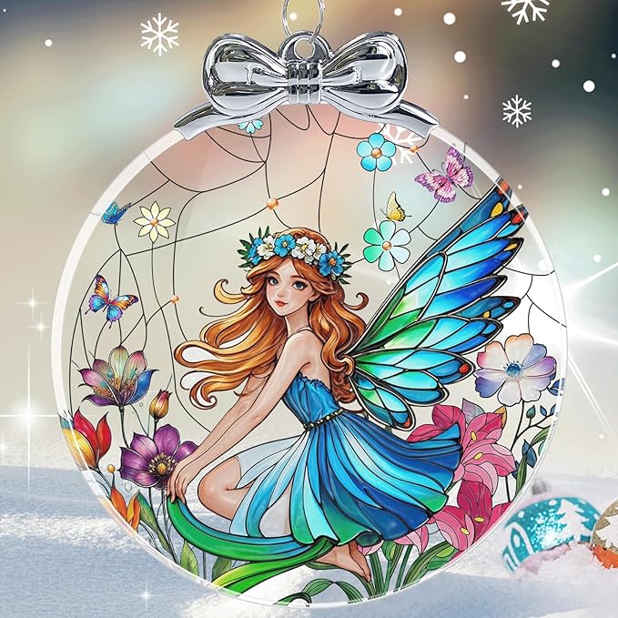 Butterfly Fairy Stained Glass Christmas Ornament - Hanging Ornaments for Christmas Tree Decorations -Holiday Keepsake Present Exchange Idea