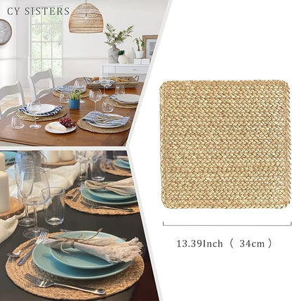 Square Woven Placemats Set of 4 Straw Table Placemat Extra Wide Braided Rattan Place Mats for Square Plates Farmhouse Placemat Wipeable Wicker Outdoor Placemats for Patio Table 13.4''