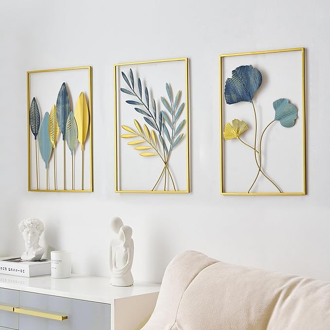FUNTEREST Gold Leaf Wall Decor Modern Wall Art Home Decor, Set of 3 Metal Wall Hanging Decoration for Living Room Office Bedroom Hotel