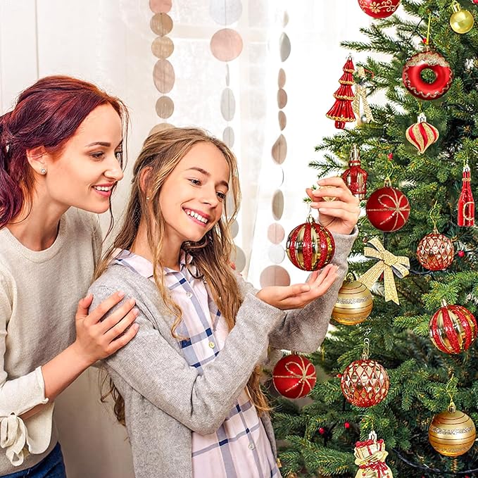 SHareconn 70pcs 2025 Classic Christmas Balls Ornaments Set, Shatterproof Plastic Baubles, Ribbon and Tree Topper for Xmas Tree Holiday Wedding Party Decorations with Hanging Strings, Red and Gold
