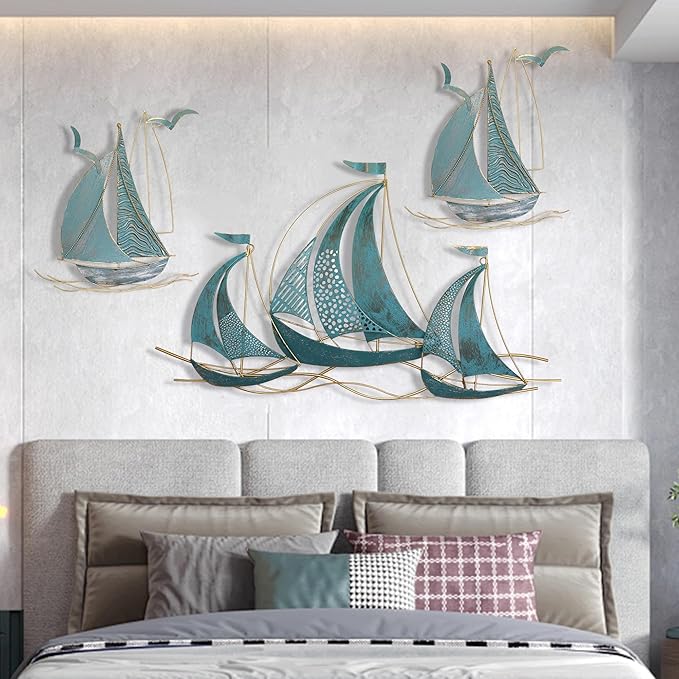 3 PCS Metal Wall Art Large Metal Sailboat Wall Decor, Metal Ship Wall Decorations, Large Metal Ship Wall Decor for Living Room, Bedroom, Modern Home Wall Sculpture for Office, Bedroom