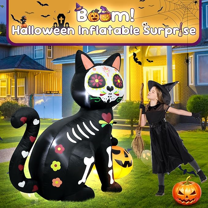 5FT Skeleton Cat Halloween Inflatable Decoration Pumpkin Decor Spooky Halloween Blow Up Decor for Parties with LED Lights Indoor Outdoor Holiday Yard Graden Decoration