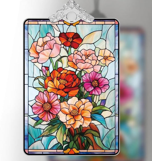 Floral Stained Glass Ornament, 2025 Christmas Tree Hanging Decoration for Gift Exchange or Stocking Stuffer, Holiday Bloom Decor, 3.8 x 2.4 Inch