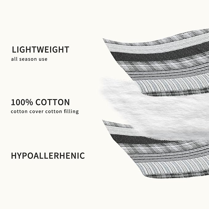 Homzard Quilts Queen Size - Black and White Queen Quilt Bedding Set, Farmhouse Grey Striped Quilt, Lightweight Reversible Comforter Bedspread Set, 3 Piece All Season 100% Cotton