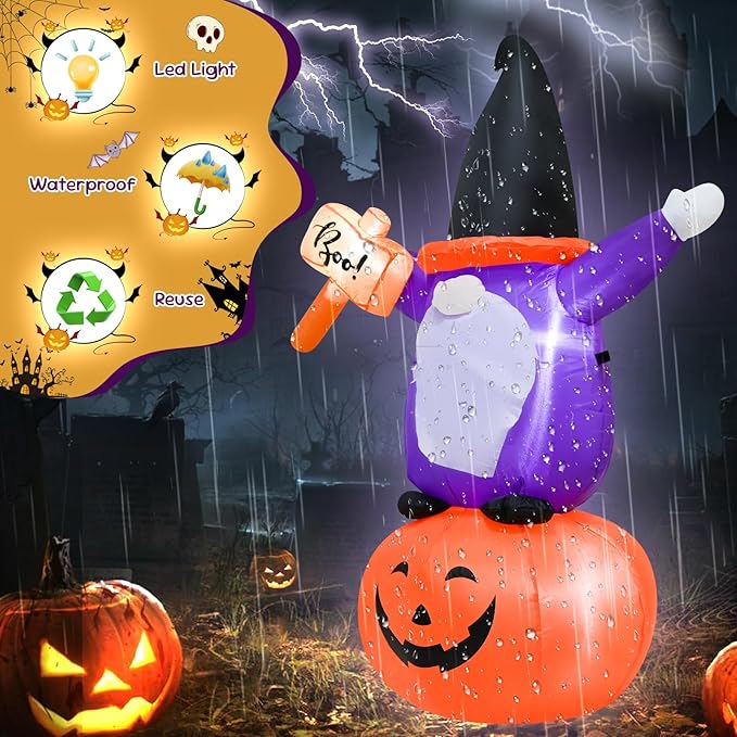 4FT Inflatable Halloween Decoration Blow up Gnome Pumpkin Holding a Sign with The Word Boo in Hand Decor with LED Lights Indoor Outdoor Yard Holiday Graden Party Decor