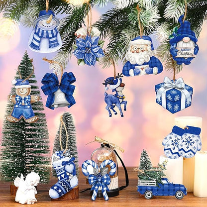 Suzile 36 Pcs Christmas Wooden Ornaments Blue Christmas Ornaments for Tree Vintage Winter Tree Decorations Xmas Hanging Wood Cutouts Decor for Farmhouse Home Winter Holiday Party Wreaths