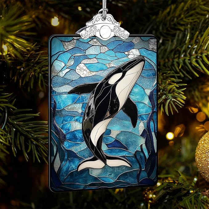 Orca Whale Stained Glass 2025 Christmas Ornament, Ocean-Themed Christmas Tree Hanging Decoration for Coastal Holiday Decor or Gift Exchange, 3.8 x 2.4 Inch