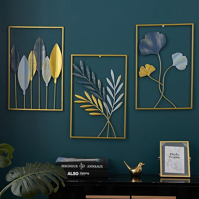 FUNTEREST Gold Leaf Wall Decor Modern Wall Art Home Decor, Set of 3 Metal Wall Hanging Decoration for Living Room Office Bedroom Hotel