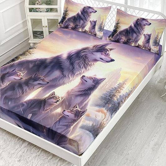 AILONEN Wolf Fitted Sheet Set Full Snow Wolf Bed Sheet Set, Wolfmother and Wolf Pups Theme Bedding Set 3 Pieces Wildlife Wolf Sheet Set for Boys Girls,1 Fitted Sheet with 2 Pillowcases