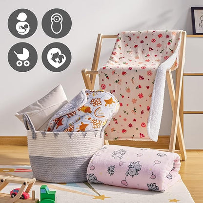 DaysU Plush Flannel Sherpa Baby Blanket for Girls Boys, Portable Reversible Soft Micro Fleece Baby Crib Throw Blanket with Flower Print for Newborn and Nursery, Floral, 30"x40"