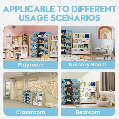 Kids Toy Storage Organizer - Toy Storage with Kids Bookshelf, Toy Organizer with 12 Blue Bins and 4 Book Shelves, Toy Organizers and Storage for Playroom, Nursery, Kids Room, Burlywood