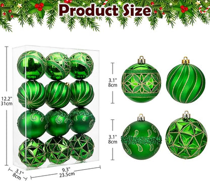 12pcs Green Christmas Ornaments Balls 3.14 inch Glitter Hanging Christmas Tree Ornaments Set for Christmas Decorations Hand Painted Shatterproof Christmas Baubles for Xmas Holiday Party Decor