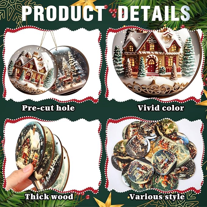 Suzile 36 Pcs Christmas Wooden Ornaments Vintage Round Christmas Tree Decoration Wooden Santa Claus Gingerbread Man Ornaments for Tree Winter Hanging Decoration for Xmas Farmhouse Home Party