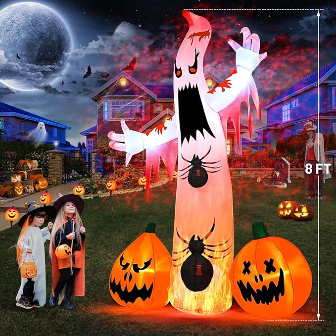 Kesfitt 8FT Halloween Inflatables Decorations Outdoor Ghost Built-in 2 Flame Flashing Projection Light,Blow Up Yard Inflatables with Pumpkin Spider for Outside Halloween Patio Party Garden Decorations