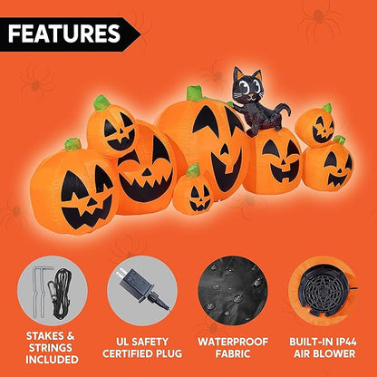 Joiedomi 10 FT Long Halloween Inflatables Outdoor Decorations, Blow Ups Inflatable Pumpkin for Yard with Witch's Cat, 8 Pcs Blow Up Pumpkin Decor for Halloween Decorations Outside