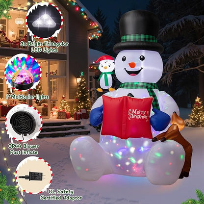 Dawdix 7 FT Christmas Inflatable Snowman Outdoor Decorations, Blow up Snowman Yard Decor Built-in Colorful Rotating LED, Penguin & Reindeer Christmas Decoration, Xmas Holiday Decor for Garden Lawn