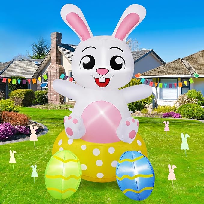 B&D 4FT Easter Inflatables Outdoor Decorations, Blow Up Inflatable Bunny Sits on Colorful Eggs Built-in LED Lights Happy Easter Yard Decorations for Holiday Party Indoor Outdoor Garden Lawn Decor