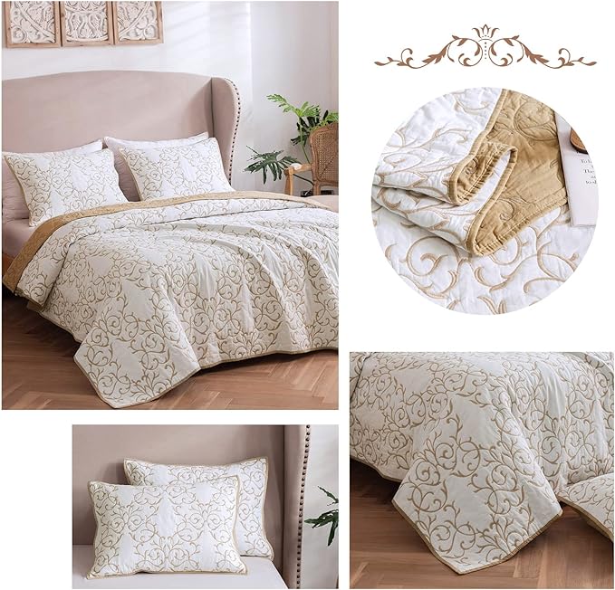 mixinni Quilt Twin Size Reversible 2-Piece Beige Embroidery Pattern Elegant Quilt Set with Embroidered Decorative Sham Soft Bedspread&Coverlet Set-Twin